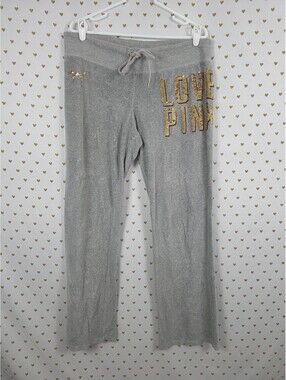 Victorias Secret PINK Vintage Velour Sweats Sweatpants BLING logo Grey Sequined